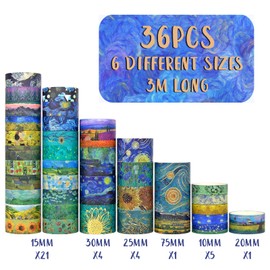 Geesinimo Washi Tape Set, 36 Rolls Van Gogh Vintage Gold Washy Tape, Wide Decorative Tape for Journaling, Scrapbooking Supplies, 6 Sizes Craft Watercolor Tape