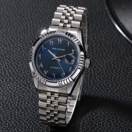 Boyarca Luxury Steel Arabic Numbers Mechanical Watches Automatic Movement Urdu Numerals Mechanical Watch 38mm Men's Wrist Watch with Luminous Waterproof Date (Blue)