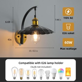 HOREVO Industrial Wall Sconces, Vintage Wall Light Fixtures with Scalloped Metal Shade, Matte Black & Gold Wall Mounted Lamp for Bedroom, Farmhouse Porch, Hallway, Kitchen (E26 Bulb Ecncluded)