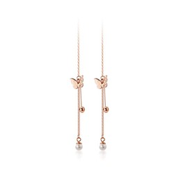 Butterfly Tassel Threader Earrings S925 Sterling Silver for Women Delicate Pearl Danling Charm Ball Bead Long Chain Dangle Drop Earring Fashion Jewelry Gifts Sensitive Ears (Rose Gold)