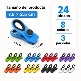 Clips para Bolsas de Alimentos 24 Piezas, Pinzas para Cerrar Bolsas de Comida con Imán para Refrigerador, Adecuado para Almacenamiento de Alimentos, Sellado Hermético Aperitivos, 8 Colores