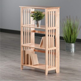 Oakestry Mission Beech Wood 4-Tier Shelf Natural Vertical Storage Display Stand Wooden Organizer Solid Design Functional Freestanding Unit Minimal Home Furniture Modern Bookcase Organizer