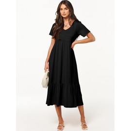 ANRABESS Women's Summer Casual Short Sleeve T Shirts Maxi Dress Flowy V Neck Tiered Beach Vacation Sundress 2024 Outfits Black Large