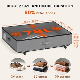 XXXL 78L Under Bed Storage with Wheels, Rolling Storage Containers with Clear Lid & Label, Heavy-Duty Metal Frame, Easy Pull-out, Underbed Storage Bins for Clothes, Shoes, Blankets, and Toys(2PACK)