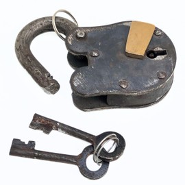 Antique Style Rustic Cast Iron Padlock Heavy Duty Skeleton Key Lock Set Medieval Iron for Main Door or Jail Locker (5X3X1 inches)