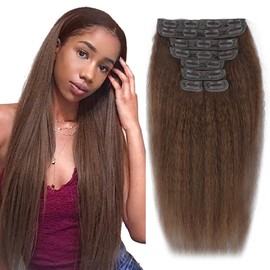 50.8 cm Brown Kinky Straight Clip-In Hair Extensions Seamless Clip-In Hair Extensions Real Human Hair Yaki Straight Real Human Hair Clip-In Extensions for Black Women Natural Black 8 Pieces 100 g 20