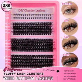 280pcs Wimpern Extension Fluffy Cluster Wimpern mit Clear Band Bottom Lashes Cluster und 3 Styles Mixed Volume Einzelwimpern Thick Lash Clusters Individuelle Wimpern Extensions(280P-680K)