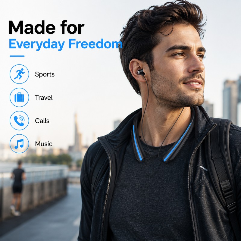 Neckband Bluetooth Earbuds for Calls & Music – Retractable Wireless