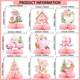 Gyufise 9Pcs Christmas Honeycomb Centerpieces Pink Santa Claus Gingerbread Man Honeycomb Decor Xmas 3D Table Decoration for Holiday Birthday Baby Shower Party Supplies