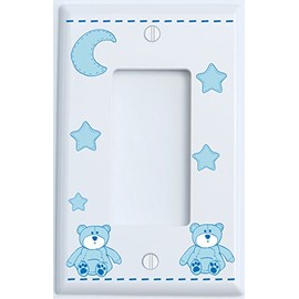 Blue Teddy Bear Light Switch Plate Single Rocker with Blue Moon and Stars / Teddy Bear Nursery Decor (Single Rocker)