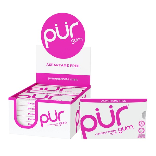 PUR Gum | Aspartame Free Chewing Gum | 100% Xylitol | Sugar Free, Vegan, Gluten Free & Keto Friendly | Natural Pomegranate Mint Flavored Gum, 9 Pieces (Pack of 12)