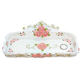 LONG XIN SERIES 1PCS 7x2.5Inch Rose Resin Jewelry Tray Decorative Vanity Organizer with Floral Design Rectangular Display Holder for Countertop Dressing Table Antique Home Decor