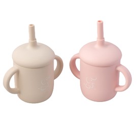 PAPU BABY Set de 2 Vasos Entrenador de silicón con popote y asas. Juego de tazas de bebe. Alimentación complementaria. SIlicón 100 grado alimenticio (Rosa Pastel/Beige)