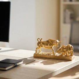 orenm Bull and Bear Statue for Desk, Wall Street Finance Sculpture, Resin Stock Market Decor, Financial Advisor Office Trading Desk Gift for Investors and Traders (Gold)