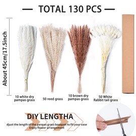 130PCS Natural Dried Pampas Grass Decor - 17" Fluffy Pampas Grass Bouquet - Boho Home Decor Dried Flowers for Wedding Floral Room Home Party Table Decorations