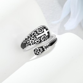 Sumeror 925 Sterling Silver Cross Spoon Ring - Adjustable Floral Engraved Thumb Ring, Vintage Bohemian Open Finger Jewelry for Women, Faith Inspired Statement Piece