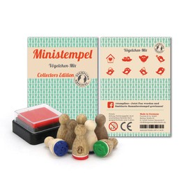 Stemplino Stamp Set Birds - 8 Mini Stamps Made of Wood Plus Ink Pad, Mini Stamp Set Mix
