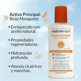 Exderm Sun Fotoprotector Solar Fluido FPS 50+ 125ml - Bloqueador Solar Antiedad con Aceite de Almendras y Rosa Mosqueta - Protector Solar Corporal y F