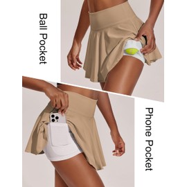 PINSPARK Women's Cute Tennis Skirt with Shorts Pockets Golf Skort High Waisted Yoga Skirt Tummy Control Khaki XS