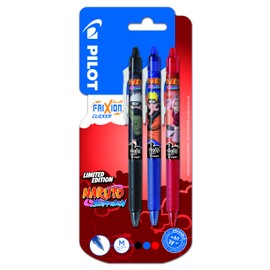Pilot x NARUTO FriXion Ball Clicker Erasable Retractable Pens Limited Edition Naruto Shipudden Refillable Rollerball Pens (Black, Blue, Red, Medium Point, 3 Pack)