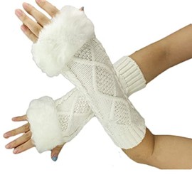 ITODA Women Warm Faux Rabbit Fur Wrist Gloves Winter Fingerless Gloves Long Knit Stretchy Crochet Gloves Soft Knitted Arm Warmer Half Finger Gloves with Thumb Hole for Ladies Girls
