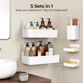 Orimade Shower Shelf No Drilling Shower Shelf Rustproof Pack of 5 Shampoo Holder for Shower Large Capacity Bathroom Shelf No Drilling White