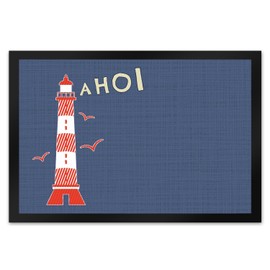 Door Mat XL in 40 x 60 cm in Maritime Style with Saying "AHOI and Lighthouse" Maritime Home Port Sea Baltic Sea North Sea Shoe Mat North Lights Lighthouse Anchor Seagull Coast Wind
