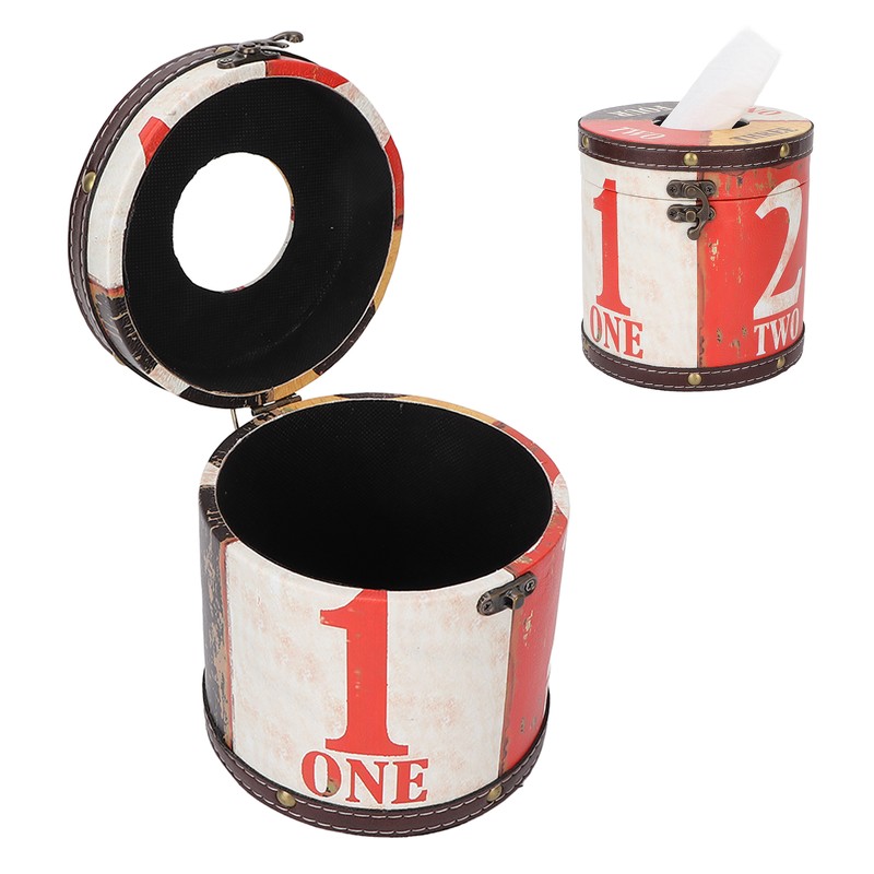 Retro Tissue Box Cylindrical Fashionable PU Leather Wooden Napkin Storage