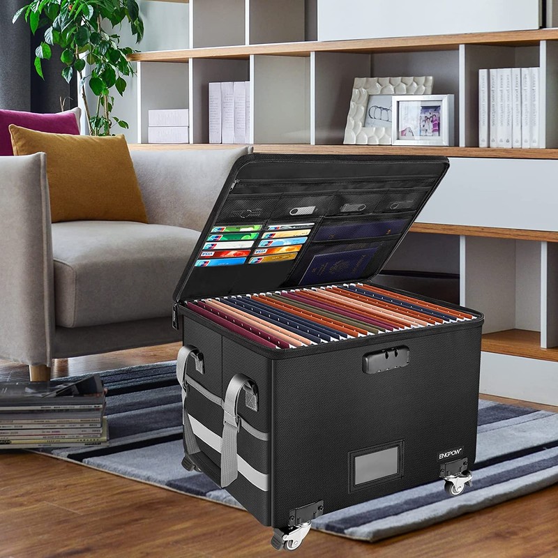 ENGPOW File Box with Wheels, Fireproof Document Box with Lock,Collapsible