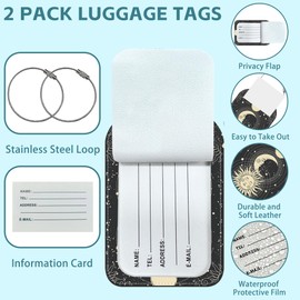 iapodiad Sun Moon Luggage Tag for Suitcase Set of 2 PU Leather Cute Luggage Tags with Stainless Metal Loop ID Label Privacy Flap Suitcase Tags for Women and Men Travel