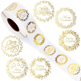 JarThenaAMCS 1000Pcs Clear Christmas Stickers Roll Gold Foil Xmas Wreath Seal Stickers Self-Adhesive Label Decals for Holiday Envelope Invitations Cards Gift Decor, 6 Designs