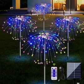 Solar Fireworks Lights Outdoor Waterproof, Solar Garden Lights, 4 Pack 120 LED Copper Wire with Remote, 8 Modes Decorative Sparkles Stake Landscape Light, for Pathway Lawn Decor