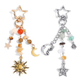 Gjinxi Sun Moon Star Keychain Charms, 2pcs Y2K Aesthetic Keychains, Crystal Keychain Beads Bag Hippie Purse Charms for Handbags, Boho Beaded Bag Charm Backpack Accessories for Women, Gold & Silver