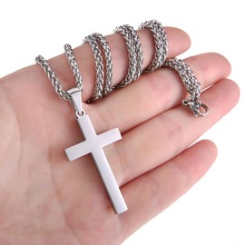 RS Silver Cross Necklace for Men Boys Stainless Steel Pendant Chain Religious Christian Baptism Catholic Confirmation Jewelry Gifts Teenage Son Him Teen