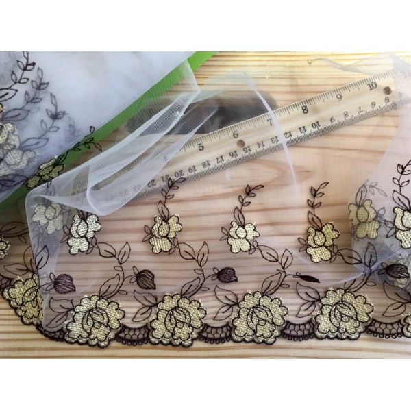 Unbranded Brown & Yellow Embroidered Lace Trim with White Tulle