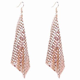Rectangle Dangle Lightweight Mesh Tassel Sequin Long Drop Earrings (Rose Gold)
