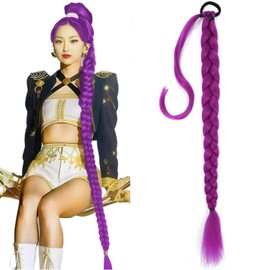 36 Inch Purple Hair Extensions Pre-Braids Braiding Hair for Cosplay Halloween Stage Performances 36 Inch Ponytail Extension with Elastic Tie (Purple, 36inch)