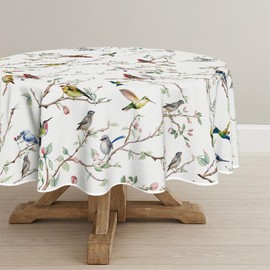 Horaldaily Spring Summer Tablecloth 70x70 Inch Round, Birds Branch Floral Table Cover for Party Picnic Dinner Decor