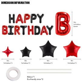 CANREVEL Happy Birthday Banner 13pcs 16 Inch Mylar Foil Letters with 12pcs Star Balloons Birthday Party Decorations for Kids and Adults - 3D Black Red