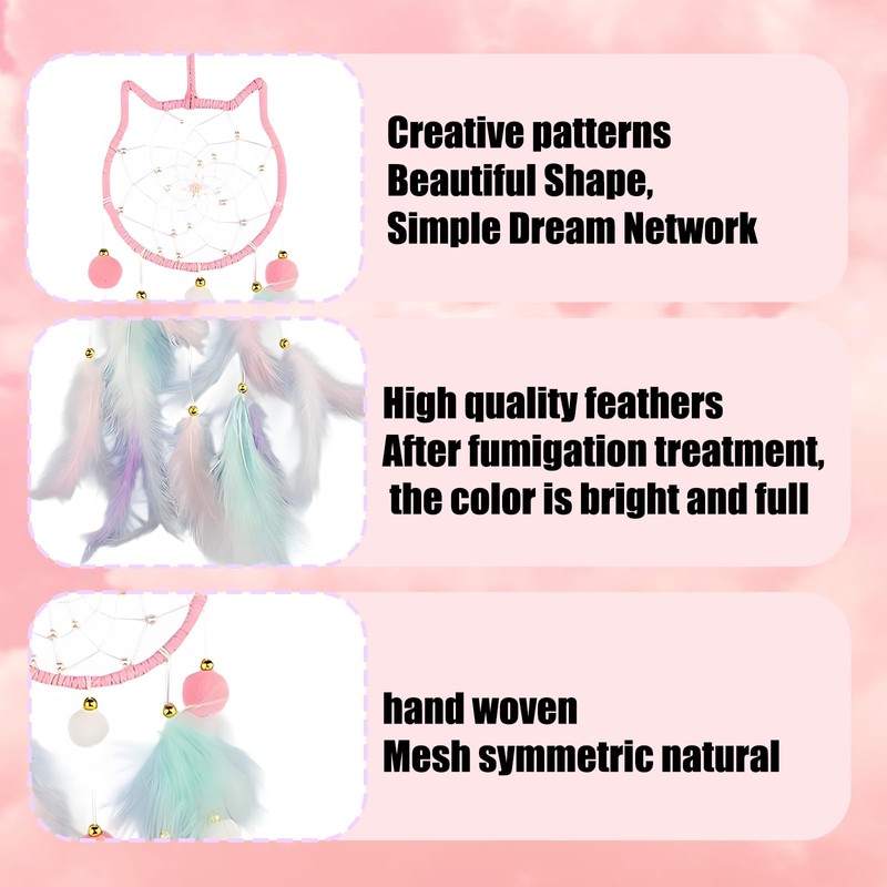 Dream Catcher for Girls, Pink Cat Dreamcatcher with Feathers, Cat
