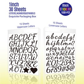 1600 Pieces 30 Sheets Vinyl Cursive Letters Stickers Set,1 Inch Black Self Adhesive Alphabet Number Stickers,DIY Small Letter Number Decals for Scrapbooking,Water Bottles,Jars,Spices,Craft,Mailbox