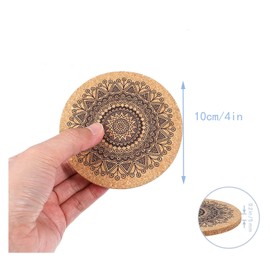Spldsun Pack of 12 Cork Coasters, Absorbent Cup Coasters, Wooden Mandala Eco-Friendly Saucers, Round Hot Pot Holder Pads with Rack, for Coffee, Home, Bar, Kitchen, Restaurant