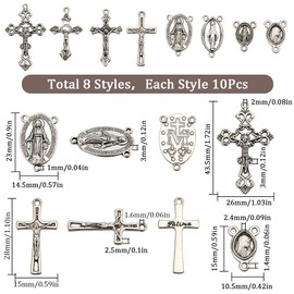 SUNNYCLUE 1 Box 80 Pieces 8 Styles Rosary Cross Charms Silver Crucifix Charms Vintage Tibetan Style Easter Alloy Oval Connectors Chandelier Connector Pendant for Jewellery Making C