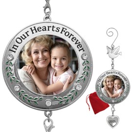 Memorial Christmas Photo Ornament Dated 2025 - in Our Hearts Forever - Remembrance Keepsake - Choose The Customized Option and We Will Insert Your Photo - Gift-Storage Bag - 3" D with a 2" D Photo.