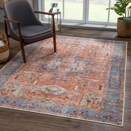 Bloom Rugs Washable 6' x 9' Rug - Terracotta/Blue Traditional Area Rug for Living Room, Bedroom, Dining Room, and Kitchen - Exact Size: 6' x 9'
