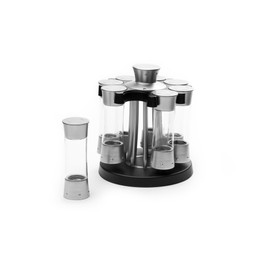 KitchenArt Spice Rack, Elite Auto-Measure Plastic Spice Carousel, 8 Spice Jars, Silver