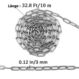 NAMYEUT 10 m x 3 mm Stainless Steel Chain, Metal Chain, Sold by the Metre, Welded Chain Links, Stainless Steel Chain, Short Links for DIY, Swivel Chain, Drying the Laundry Chain