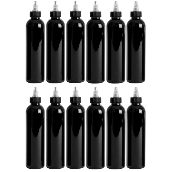 4 Ounce Cosmo Round Bottles, PET Plastic Empty Refillable BPA-Free, with Black/Natural Twist Top Caps (Pack of 12) (Black)