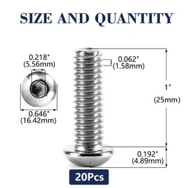 3/8-16 x 1" Button Head Socket Cap Bolts Screws, 20Pcs 304 Stainless Steel 18-8, Allen Hex Drive, Bright Finish by SG TZH(with Hex Spanner)