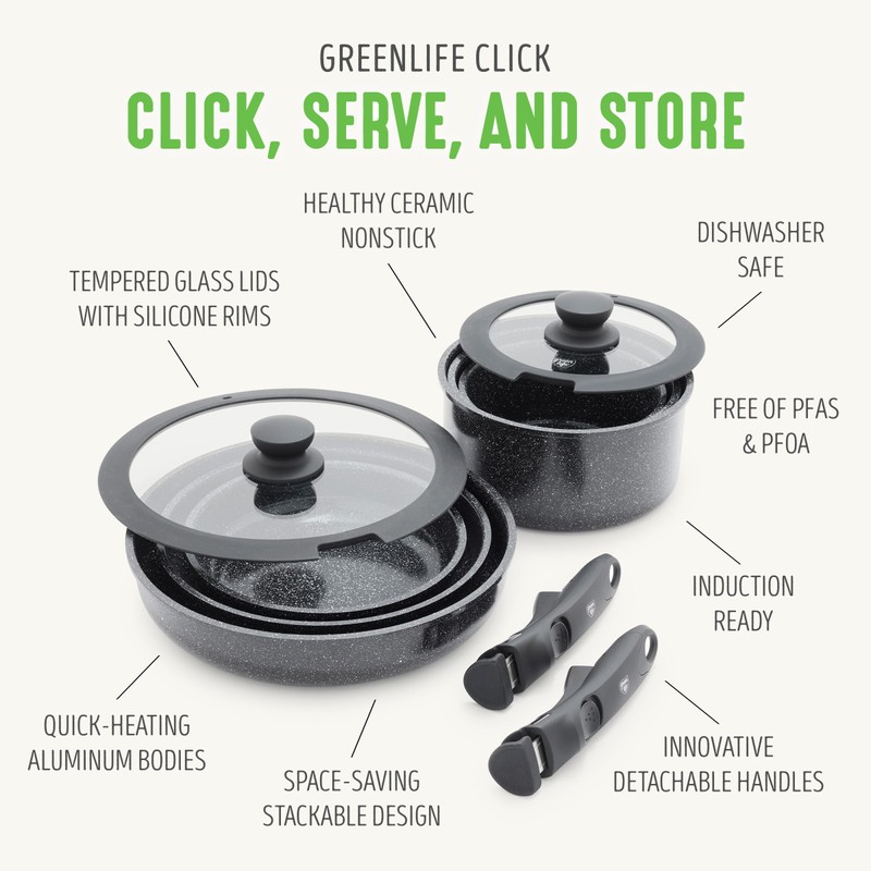 GreenLife 10 Piece Nonstick Pots & Pans Set, Detachable Handle